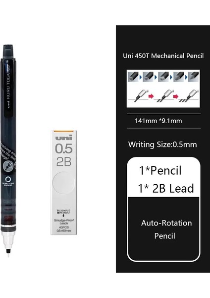Japonya Uni M5-450T Mekanik Kalem Kuru Toga 0.5mm Baş Çekirdek Otomatik Döner Kalem Okul Ofis Yazma Istasyon Araçları Renk: 1black 1box 2b (Yurt Dışından)