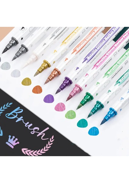 Dıy, Siyah Kartlar, Scrapbooking, Craft Malzemeleri Için 10 Adet Metalik Parıltı Çift Uçlu Işaretçi Kalemleri Fırça ve Ince Uçlarla Te (Yurt Dışından)
