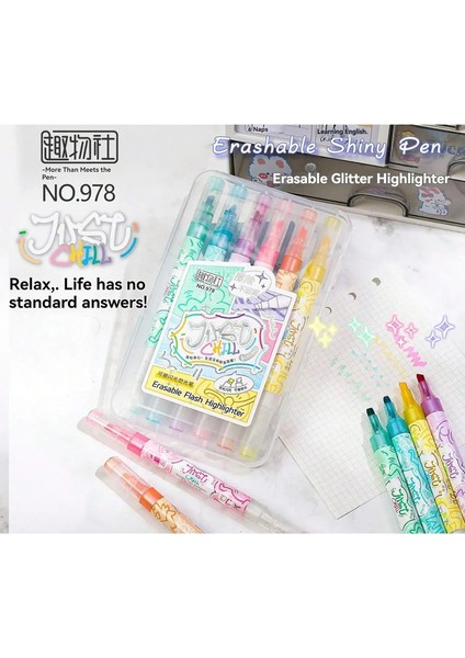 6 Renk Kawaii Silinebilir Glitter Vurgulayıcı Kalem, Keski Uç Işareti, Not Defteri Boyalı Kırtasiye Okulu Malzemelerini Işaretlemek Için (Yurt Dışından)