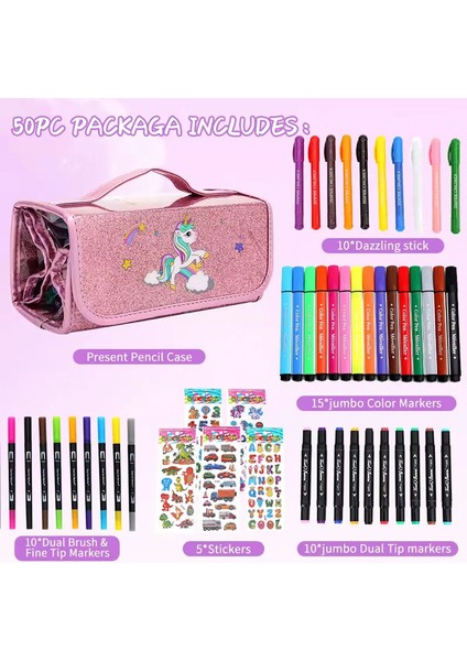 Kawaii Taşınabilir Büyük Kapasiteli Tote Seti, Renkli Kalem Marker Kalemi Çizim Graffiti Kırtasiye Içerir Çocuklar Için Iyi Hediye Renk: 50 Pcs-Unıcorn (Yurt Dışından)