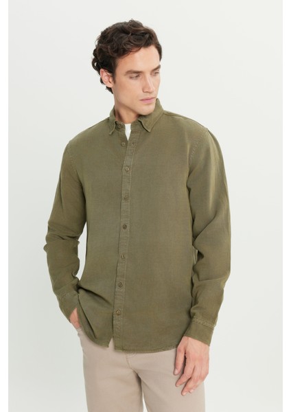 Regular Fit Normal Kesim Keten Pamuk Karışımlı Haki Gömlek
