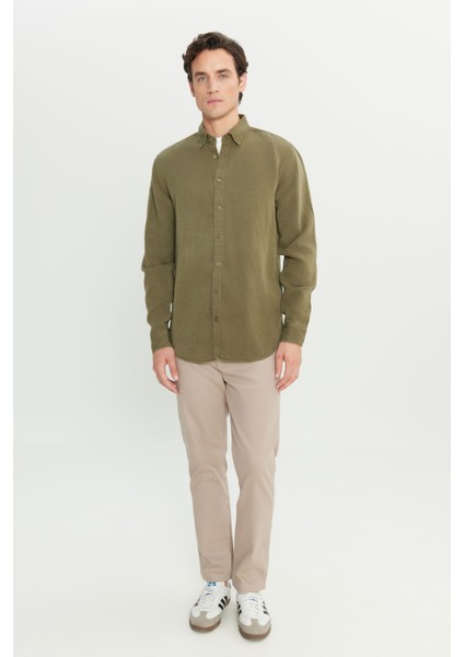 Regular Fit Normal Kesim Keten Pamuk Karışımlı Haki Gömlek modelleri