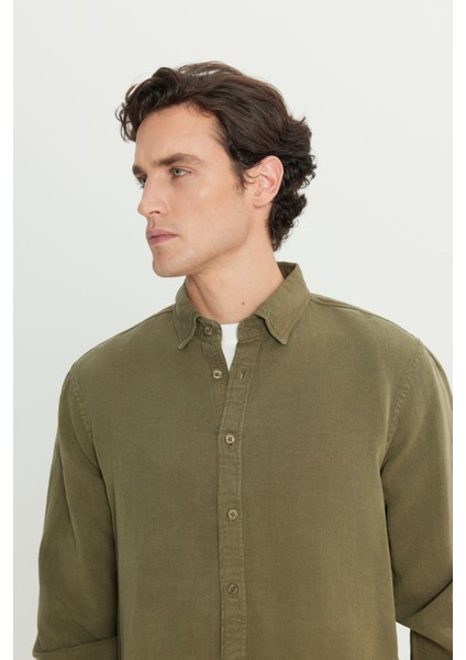 Regular Fit Normal Kesim Keten Pamuk Karışımlı Haki Gömlek fırsatları