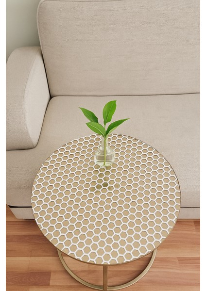 Yuvarlak Krem Pvc Petek Dantel Desenli Sehpa Örtüsü Çeyizlik Şeffaf Dekoratif Masa Örtüsü