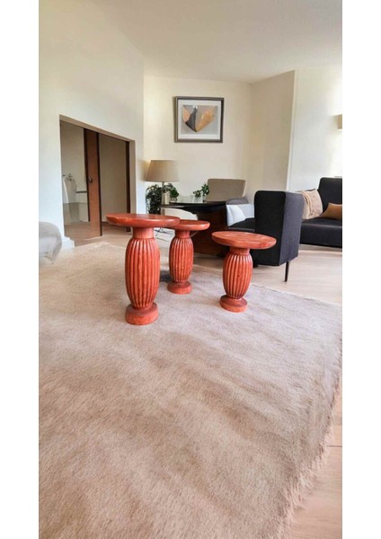 Maun Renk Ahşap Mantar Sehpa 3lu Set Yan Sehpa Takımı