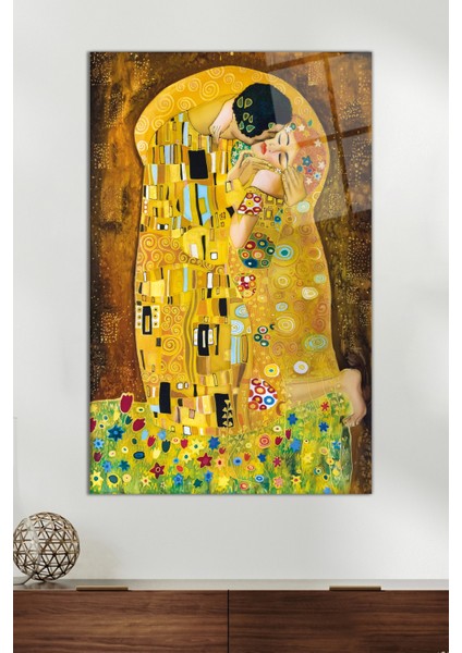 Gustav Klimt Öpücük Der Kuss Cam Tablo, Modern Ev ve Ofis Dekoru, Hediyelik Duvar Dekorasyonu