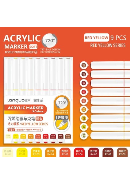 9 Renk/set Akrilik Boya Sanat Işaretleyici Kalem Diy Grafiti Çizim Kalemleri Not Defteri Günlüğü Yazma Boyama Kırtasiye Renk: Kırmızı Sarı (Yurt Dışından)