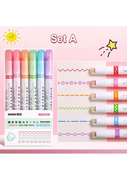 6/12/18/24PCS Çiçek Hattı Şekli Vurgulayıcı Kalem Silindir Eğrisi Liner Işaretçisi Kawaii Kırtasiye Okul Malzemeleri Malzemeleri Hediye Setçesi: 6pcs Set C (Yurt Dışından)