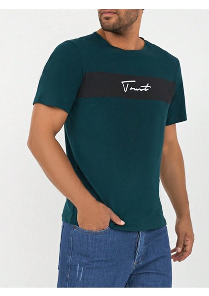 Zümrüt Yeşili Bisiklet Yaka Göğsü Trust Garni Basklı T-Shirt modelleri