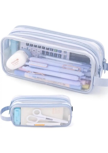 Büyük Örgü Kalem Kutusu Çift Katmanlı Şeffaf Kalem Çantası, El Tipi Çok Fonksiyonlu Kozmetik Çanta, Okul Ofisi Rengi Için Uygun: Mavi (Yurt Dışından)