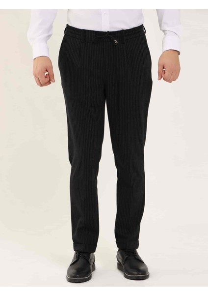 Siyah Erkek Slim Fit Çizgili Klasik Pantolon