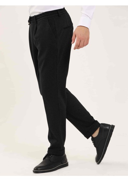 Siyah Erkek Slim Fit Çizgili Klasik Pantolon modelleri