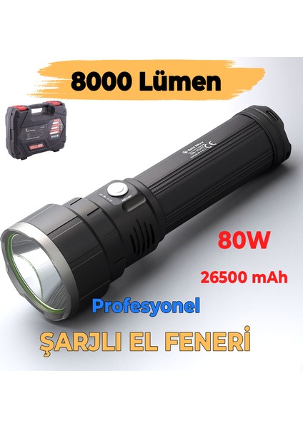 El Feneri 8000 Lümen 80W Uzun Menzil Metal Kasa Şarjlı Powerbank Ledli Işık Lambası Su Geçirmez Kamp