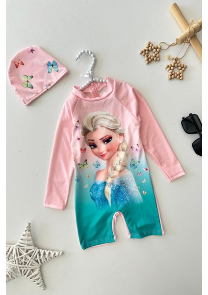 Els Desenli Kız Çocuk Mayo bone takım - Pembe