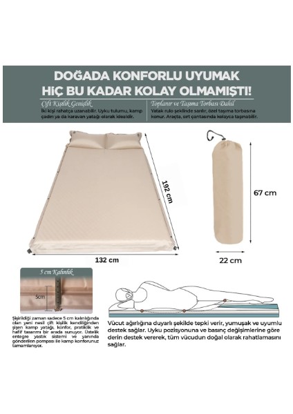 Çift Kişilik Kendiliğinden Şişen Kamp Yatağı – Entegre Yastıklı, Pompa Hediyeli | Taşınabilir