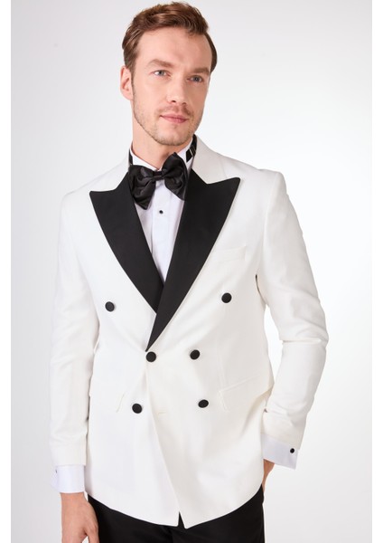 Ekru-Siyah Erkek Slim Fit Sivri Yaka Smokin Takım