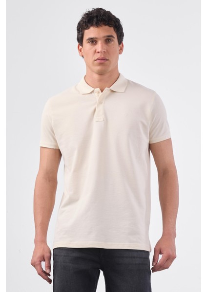 Ekru Polo Yaka Pamuklu Düz Renk Slim Fit Erkek T-shirt