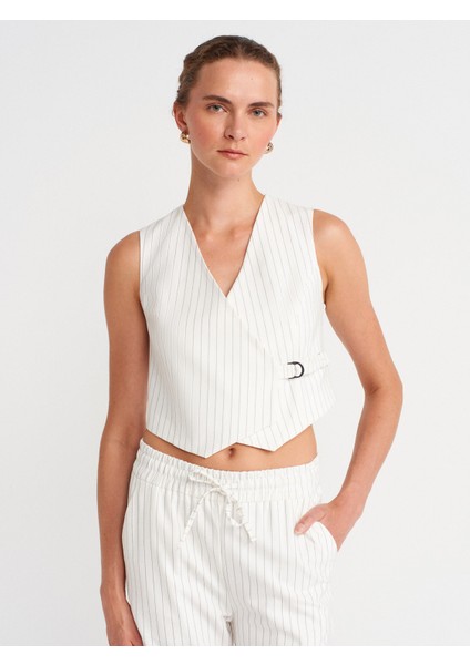 60597 Asimetrik V Yaka Çizgili Blazer Yelek-Beyaz
