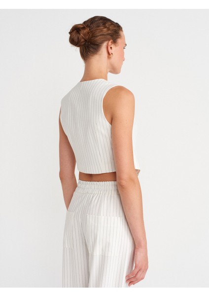 60597 Asimetrik V Yaka Çizgili Blazer Yelek-Beyaz fiyatları