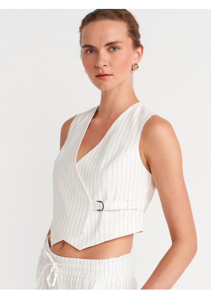 60597 Asimetrik V Yaka Çizgili Blazer Yelek-Beyaz modelleri