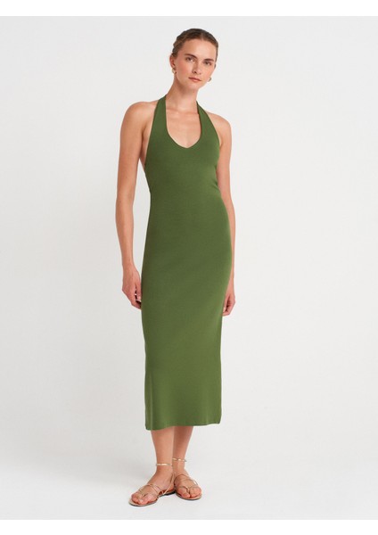 91476 Halter Yaka Midi Elbise-Koyu Haki