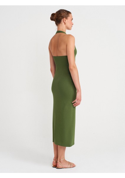 91476 Halter Yaka Midi Elbise-Koyu Haki fiyatları