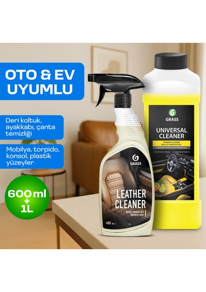 Ev & Oto Temizlik Duo - Deri Koltuk & Tüm Yüzeyler Için Çok Amaçlı Temizleyici Seti | Leke Çıkarıcı | Hoş Kokulu | 600ML x 2