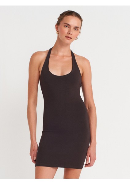 91508 Halter Yaka Mini Elbise-Koyu Kahve