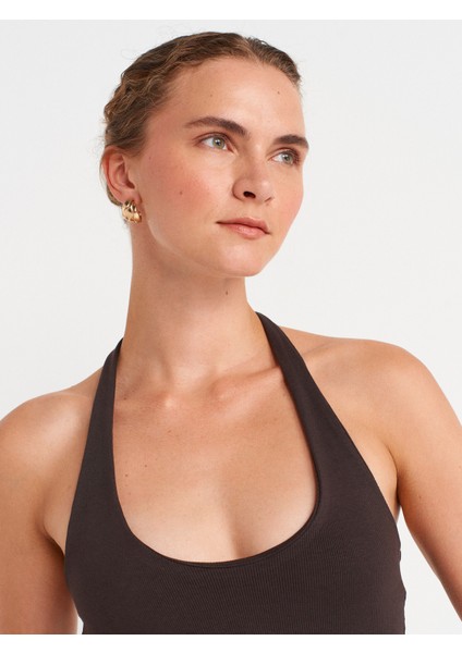 91508 Halter Yaka Mini Elbise-Koyu Kahve modelleri
