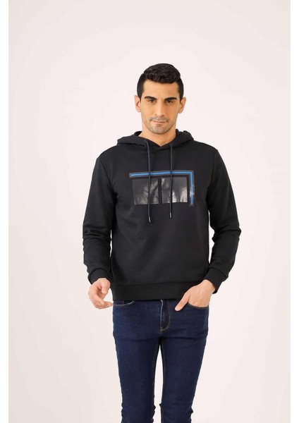 Lacivert Erkek Regular Fit Baskılı Kapüşonlu Sweatshirt