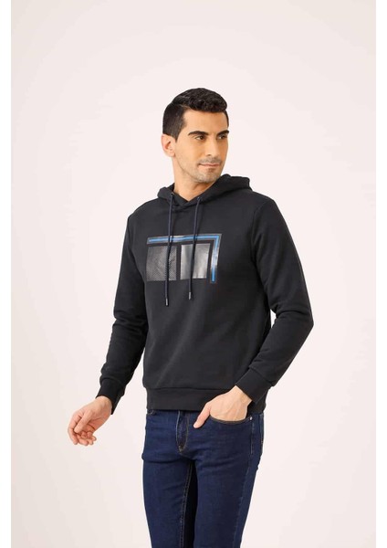 Lacivert Erkek Regular Fit Baskılı Kapüşonlu Sweatshirt fiyatları