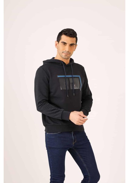 Lacivert Erkek Regular Fit Baskılı Kapüşonlu Sweatshirt modelleri