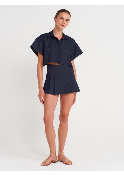81062 Pilili Bermuda Şort Etek-Lacivert