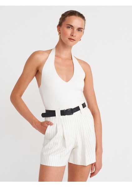 10794 Halter V Yaka Basıc Bluz-Beyaz
