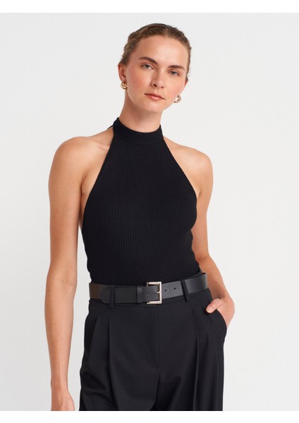 10798 Halter Bağlamalı Yaka Fitilli Triko Bluz-Siyah