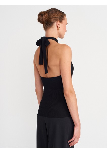 10798 Halter Bağlamalı Yaka Fitilli Triko Bluz-Siyah fiyatları