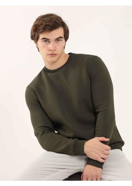 Haki Erkek Oversize Düz Pamuklu Bisiklet Yaka Sweatshirt modelleri