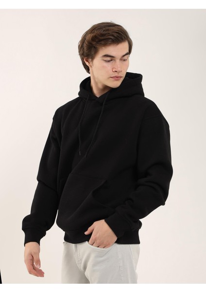 Siyah Erkek Oversize Düz Pamuklu Kapüşonlu Sweatshirt fiyatları