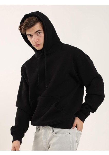 Siyah Erkek Oversize Düz Pamuklu Kapüşonlu Sweatshirt fırsatları