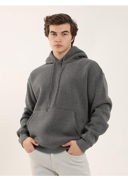 Antrasit Erkek Oversize Düz Pamuklu Kapüşonlu Sweatshirt