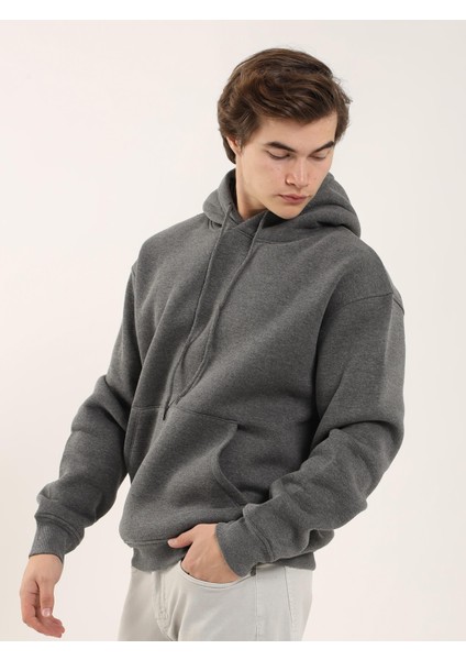Antrasit Erkek Oversize Düz Pamuklu Kapüşonlu Sweatshirt modelleri