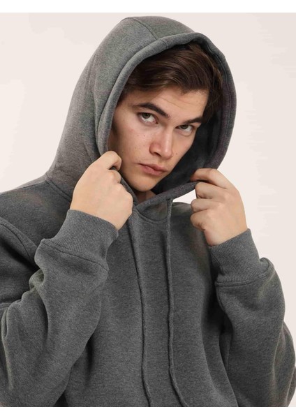 Antrasit Erkek Oversize Düz Pamuklu Kapüşonlu Sweatshirt fırsatları