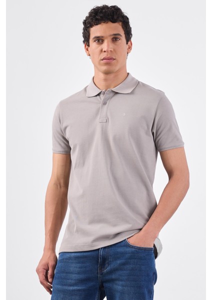 Gri Polo Yaka Pamuklu Düz Renk Slim Fit Erkek T-shirt