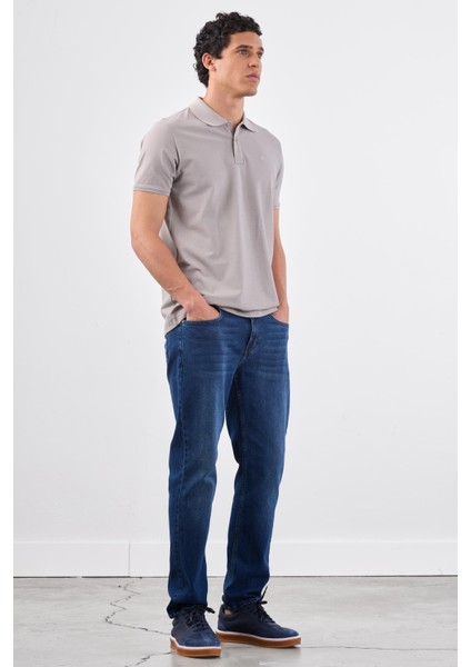 Gri Polo Yaka Pamuklu Düz Renk Slim Fit Erkek T-shirt