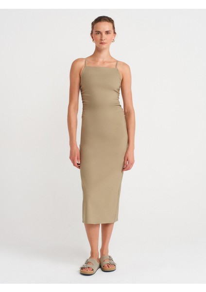 91479 Büzgülü Midi Elbise-Çağla