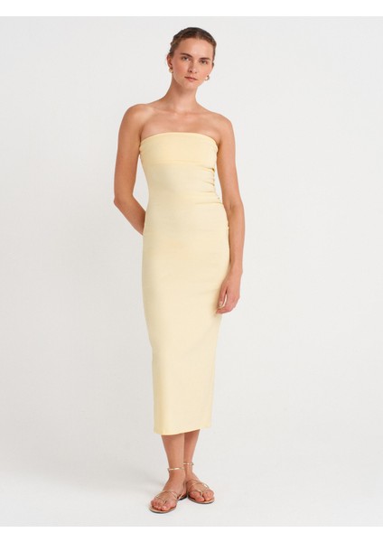 91368 Straplez Midi Elbise-Açık Sarı