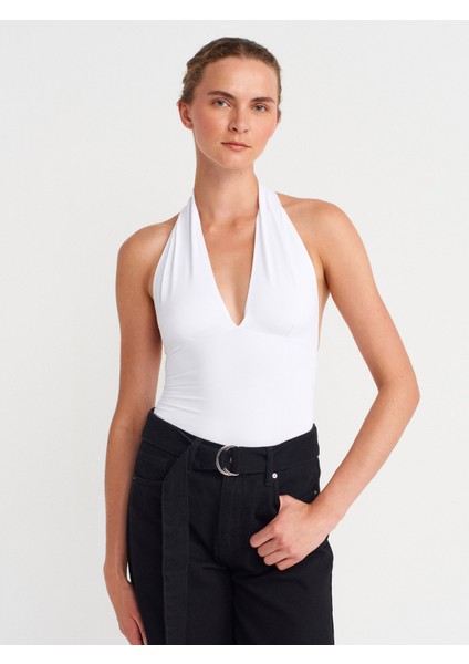 31968 Büzgülü Halter Yaka Top-Beyaz