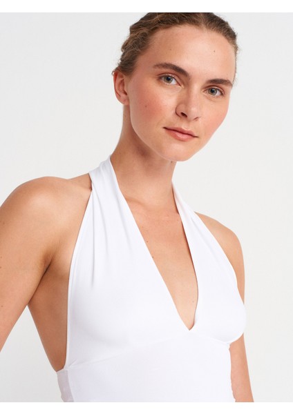 31968 Büzgülü Halter Yaka Top-Beyaz modelleri