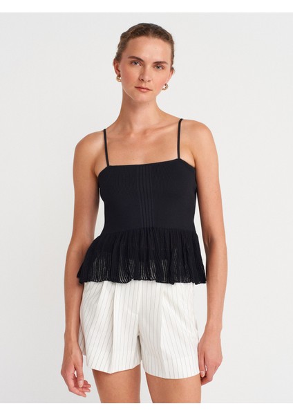 10790 Ince Askılı Volanlı Triko Bluz-Siyah