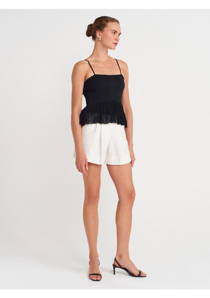 10790 Ince Askılı Volanlı Triko Bluz-Siyah fırsatları